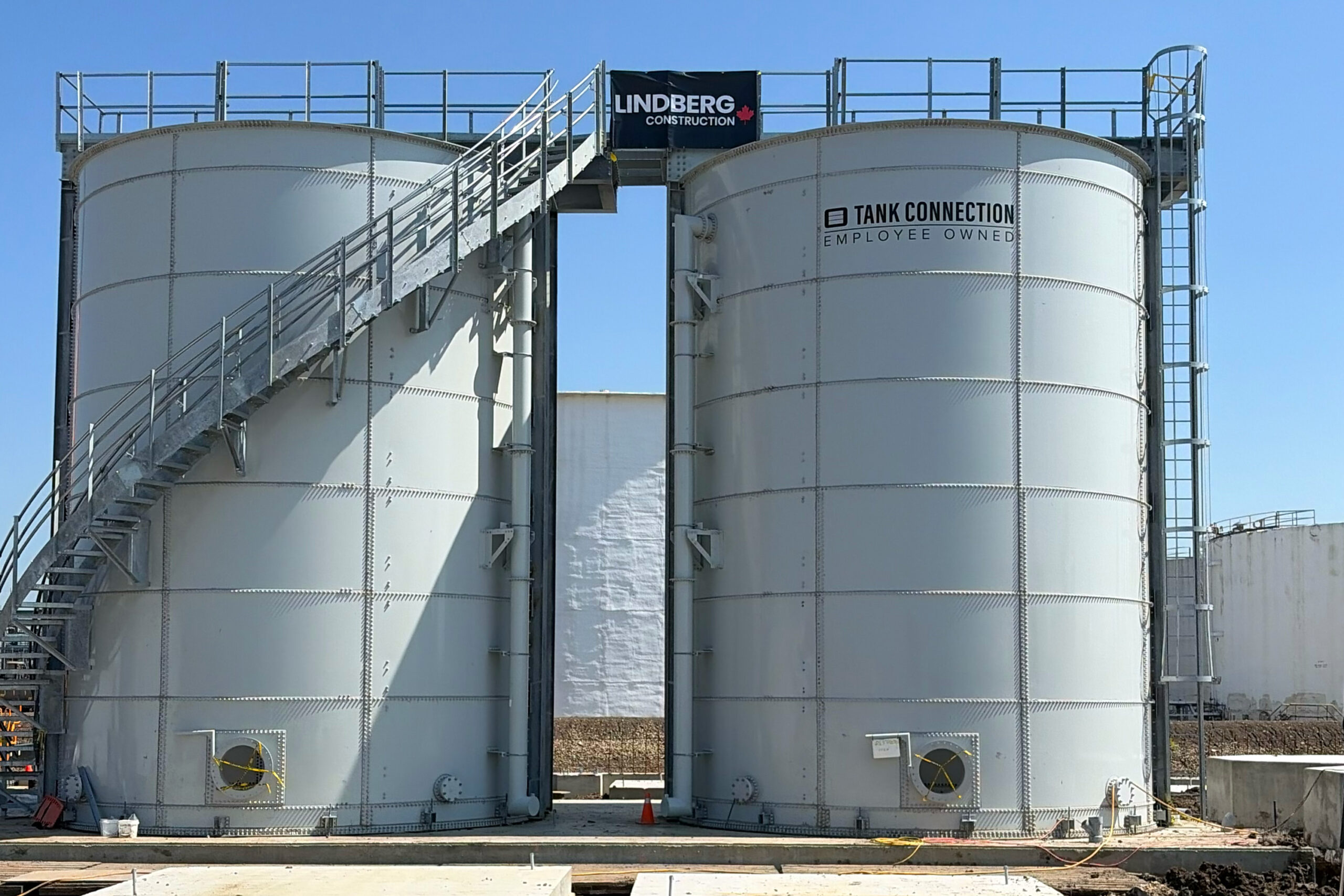 An example of Lindberg Construction's field erected tanks, showing a tank construction project completed in Fort Saskatchewan, AB